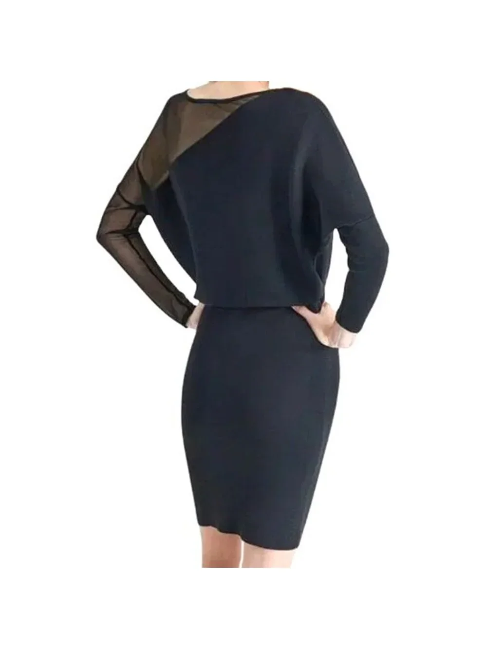 DKNY Women's Asymmetrical Sheer-Inset Sweater Dress Black‎ Size Large NWT